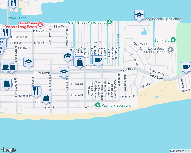 map of restaurants, bars, coffee shops, grocery stores, and more near 732 East Park Avenue in Long Beach