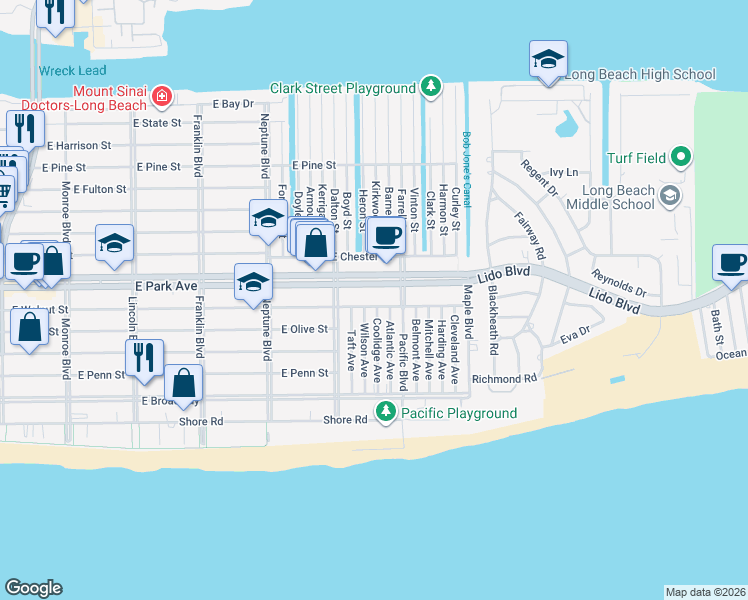 map of restaurants, bars, coffee shops, grocery stores, and more near 732 East Park Avenue in Long Beach