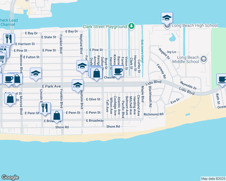 map of restaurants, bars, coffee shops, grocery stores, and more near 732 East Park Avenue in Long Beach