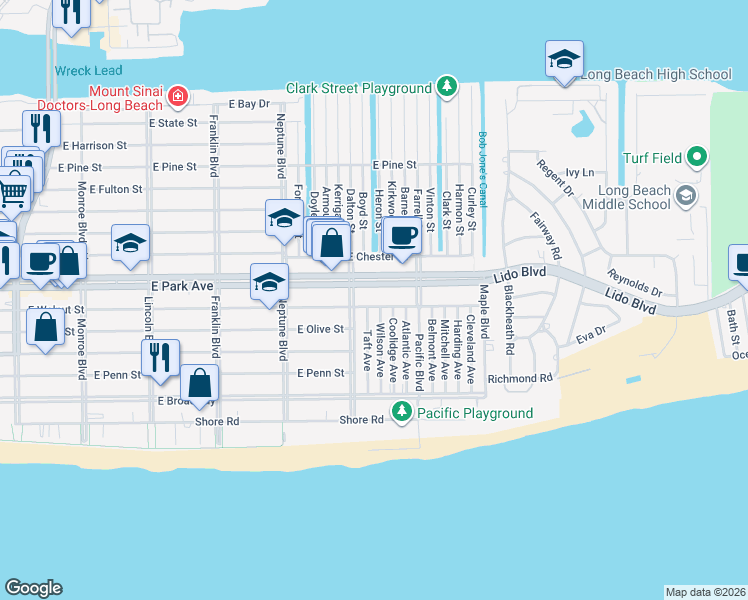map of restaurants, bars, coffee shops, grocery stores, and more near 732 East Park Avenue in Long Beach