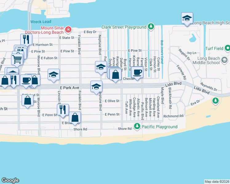 map of restaurants, bars, coffee shops, grocery stores, and more near 630 East Park Avenue in Long Beach