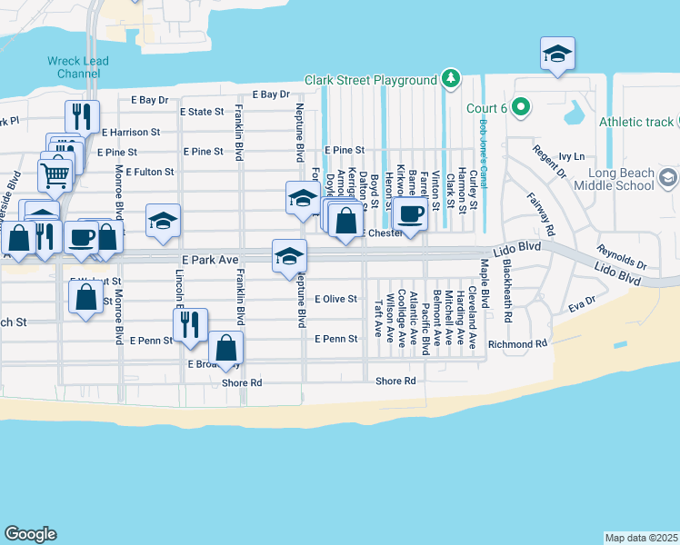 map of restaurants, bars, coffee shops, grocery stores, and more near 630 East Park Avenue in Long Beach