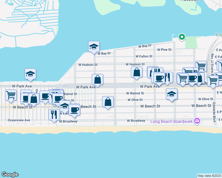 map of restaurants, bars, coffee shops, grocery stores, and more near in Long Beach