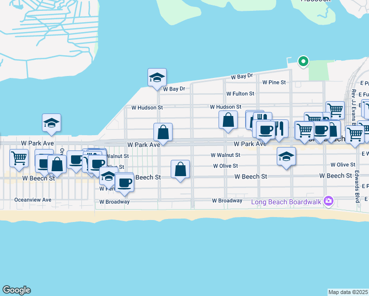 map of restaurants, bars, coffee shops, grocery stores, and more near in Long Beach