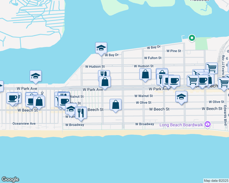 map of restaurants, bars, coffee shops, grocery stores, and more near 4 West Park Avenue in Long Beach