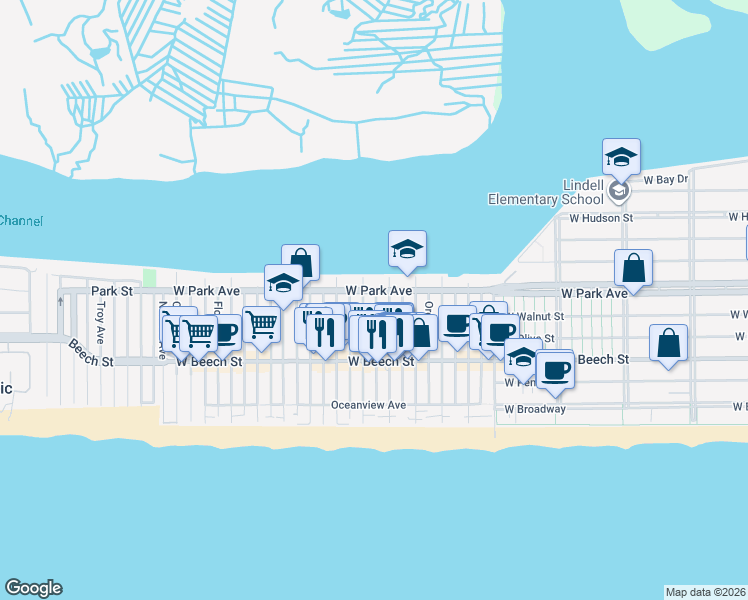 map of restaurants, bars, coffee shops, grocery stores, and more near 917 West Park Avenue in Long Beach