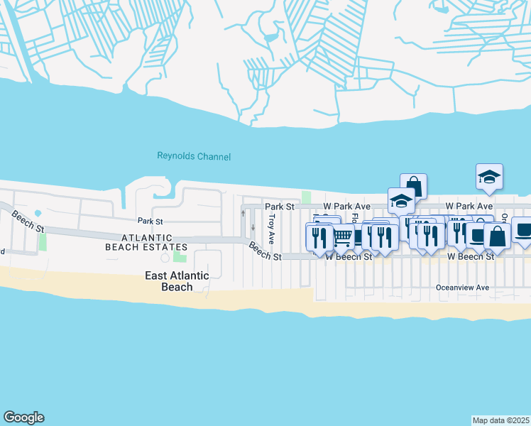 map of restaurants, bars, coffee shops, grocery stores, and more near 58 Bay Street in East Atlantic Beach