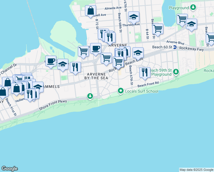 map of restaurants, bars, coffee shops, grocery stores, and more near 7203 Catamaran Way in Queens