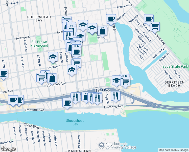 map of restaurants, bars, coffee shops, grocery stores, and more near 2659 Batchelder Street in Brooklyn