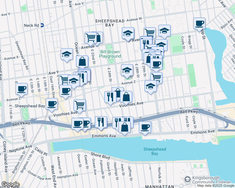 map of restaurants, bars, coffee shops, grocery stores, and more near 4635 Bedford Avenue in Brooklyn