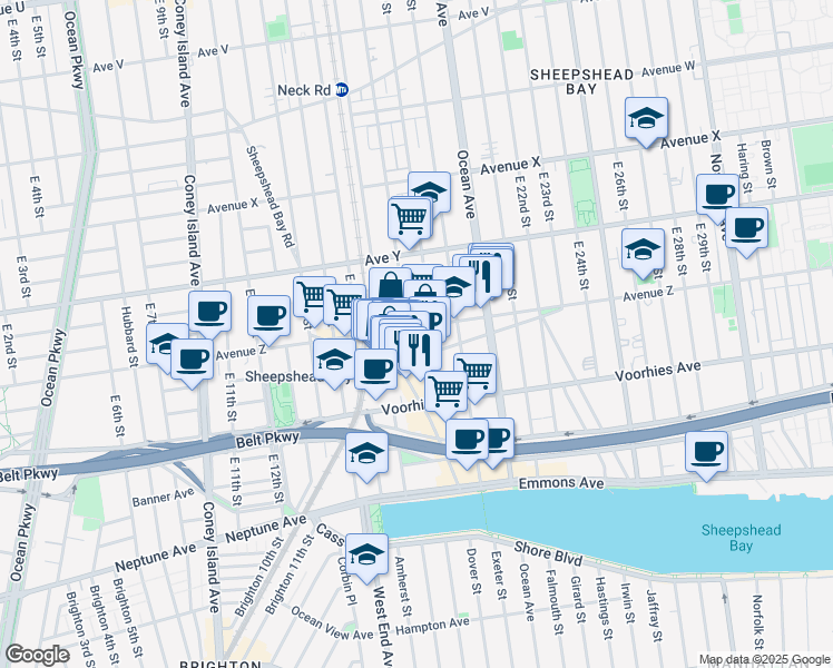 map of restaurants, bars, coffee shops, grocery stores, and more near 2577 East 18th Street in Brooklyn