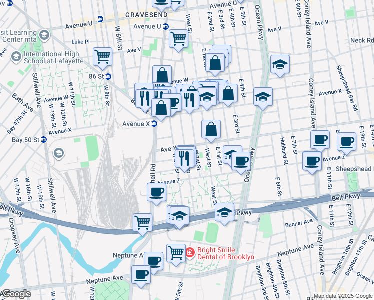 map of restaurants, bars, coffee shops, grocery stores, and more near 2482 West 1st Street in Brooklyn
