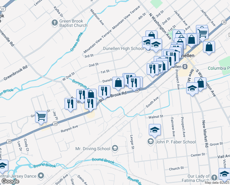 map of restaurants, bars, coffee shops, grocery stores, and more near 198 Sanford Avenue in Dunellen