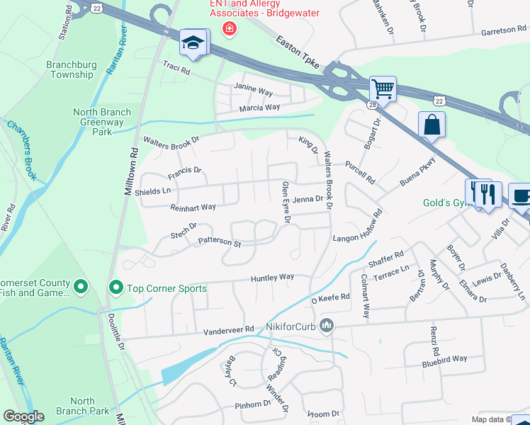 map of restaurants, bars, coffee shops, grocery stores, and more near 3 Schaal Street in Bridgewater Township
