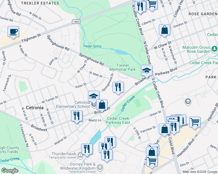 map of restaurants, bars, coffee shops, grocery stores, and more near 106 Spring Wood Drive in Allentown
