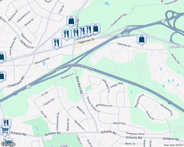 map of restaurants, bars, coffee shops, grocery stores, and more near 535 Wild Mint Lane in Allentown