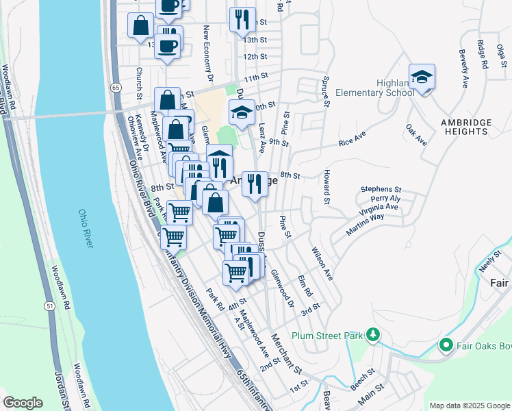 map of restaurants, bars, coffee shops, grocery stores, and more near in Ambridge