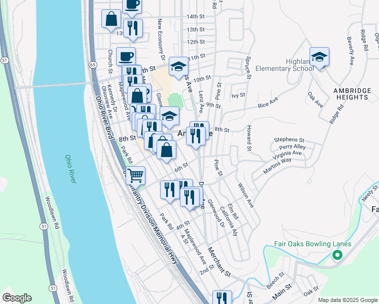 map of restaurants, bars, coffee shops, grocery stores, and more near 648 Glenwood Avenue in Ambridge