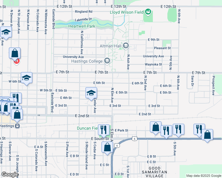 map of restaurants, bars, coffee shops, grocery stores, and more near 614 East 6th Street in Hastings