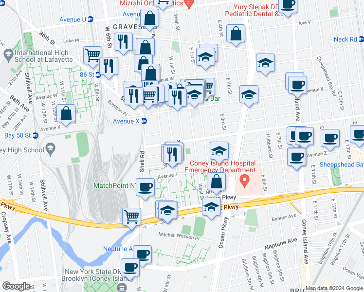 map of restaurants, bars, coffee shops, grocery stores, and more near 2508 West 1st Street in Brooklyn