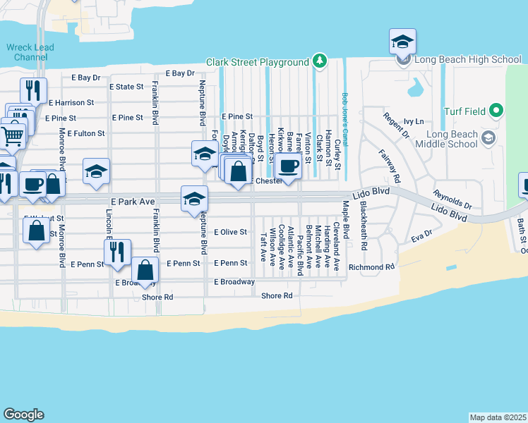 map of restaurants, bars, coffee shops, grocery stores, and more near 732 East Park Avenue in Long Beach