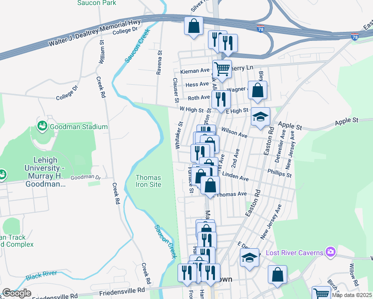 map of restaurants, bars, coffee shops, grocery stores, and more near 133 Ackerman Street in Hellertown
