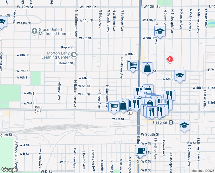 map of restaurants, bars, coffee shops, grocery stores, and more near 500 North Saunders Avenue in Hastings