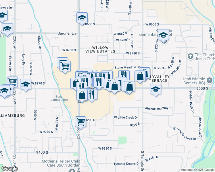 map of restaurants, bars, coffee shops, grocery stores, and more near 1510 W 9000 S in West Jordan