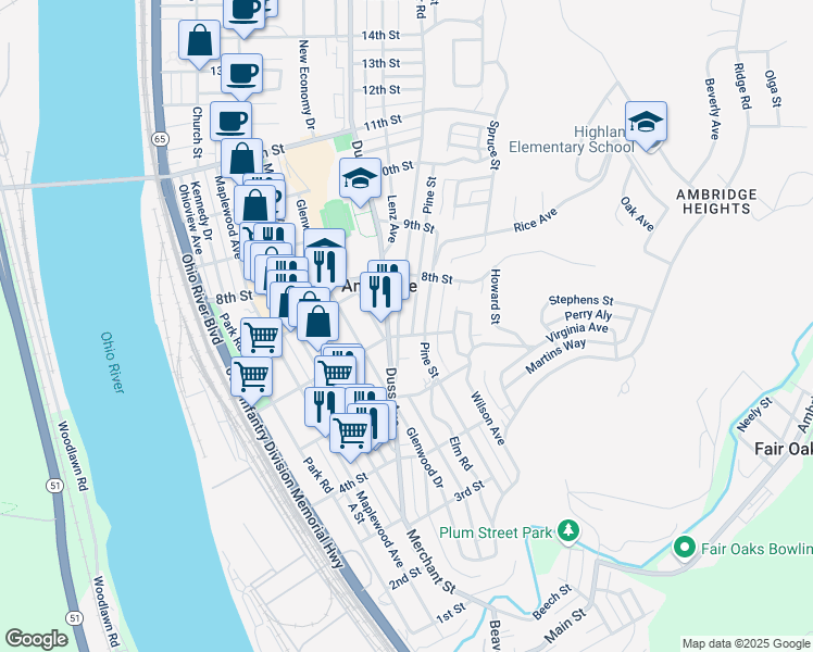 map of restaurants, bars, coffee shops, grocery stores, and more near in Ambridge