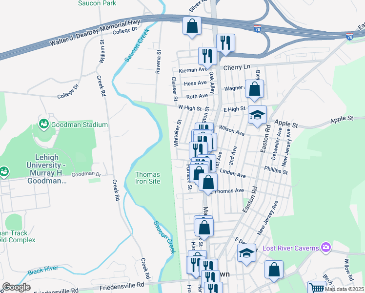 map of restaurants, bars, coffee shops, grocery stores, and more near 139 Ackerman Street in Hellertown