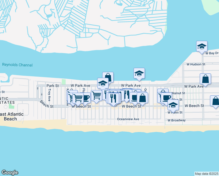 map of restaurants, bars, coffee shops, grocery stores, and more near 115 Minnesota Avenue in Long Beach