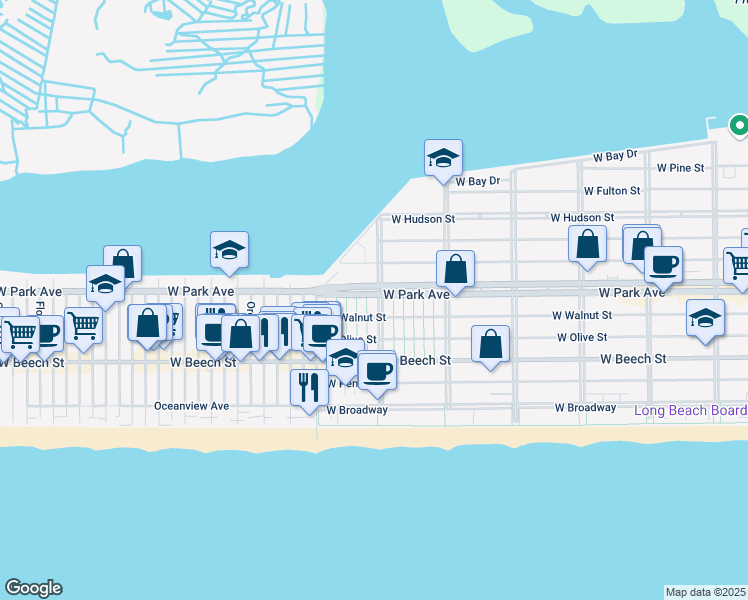 map of restaurants, bars, coffee shops, grocery stores, and more near 709 West Park Avenue in Long Beach