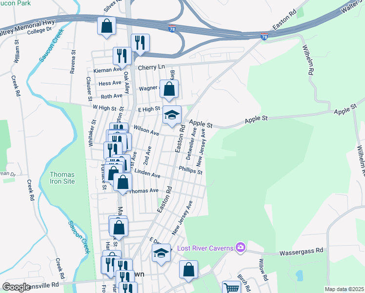map of restaurants, bars, coffee shops, grocery stores, and more near 1329 Easton Road in Hellertown
