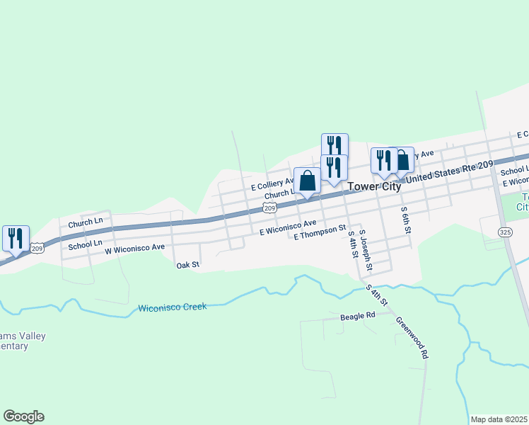 map of restaurants, bars, coffee shops, grocery stores, and more near 30 East Grand Avenue in Tower City