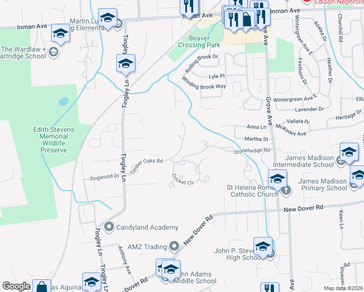 map of restaurants, bars, coffee shops, grocery stores, and more near 1204 Timber Oaks Road in Edison