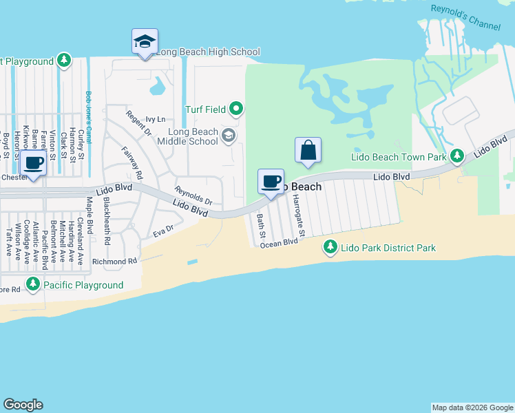 map of restaurants, bars, coffee shops, grocery stores, and more near 381 Lido Blvd in Lido Beach