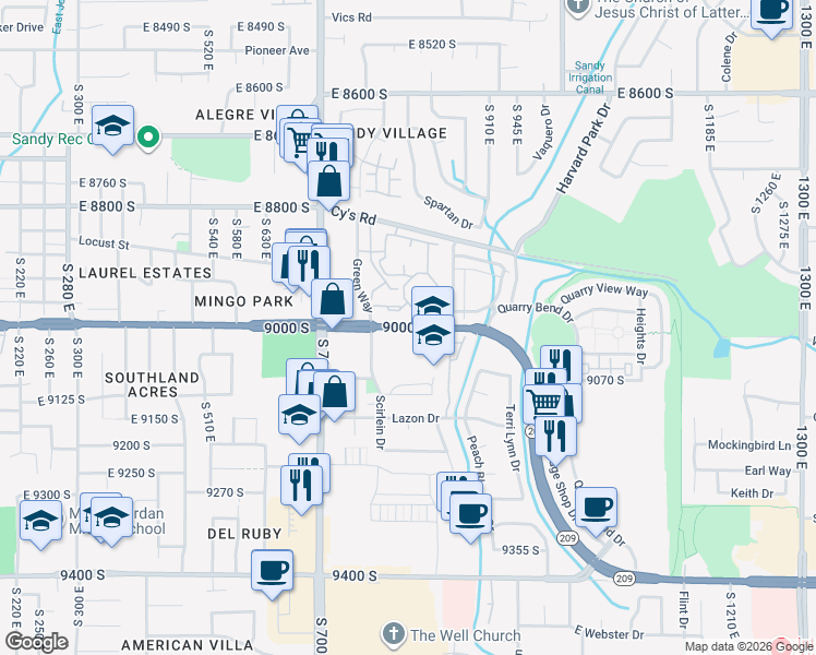 map of restaurants, bars, coffee shops, grocery stores, and more near 835 East 9000 South in Sandy