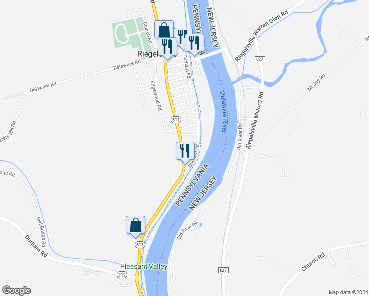 map of restaurants, bars, coffee shops, grocery stores, and more near 1236 Easton Road in Riegelsville