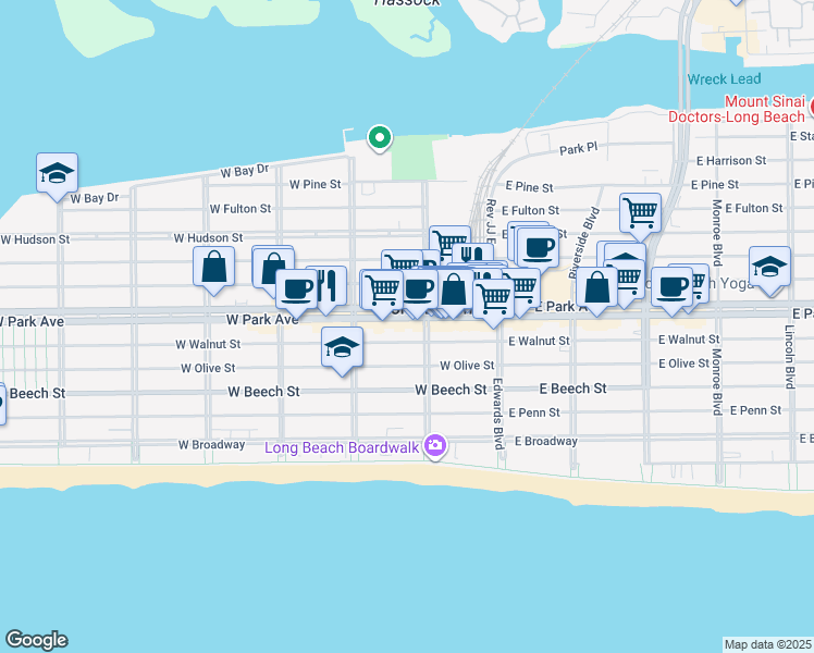 map of restaurants, bars, coffee shops, grocery stores, and more near 4653 West Park Avenue in Long Beach