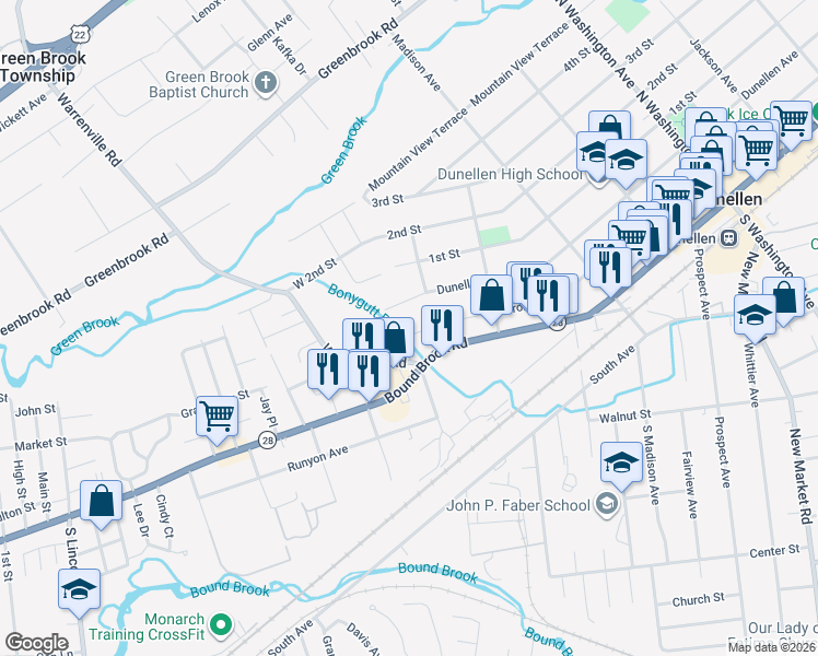 map of restaurants, bars, coffee shops, grocery stores, and more near 808 Front Street in Dunellen