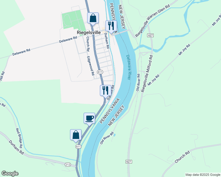 map of restaurants, bars, coffee shops, grocery stores, and more near 1243 Durham Road in Riegelsville