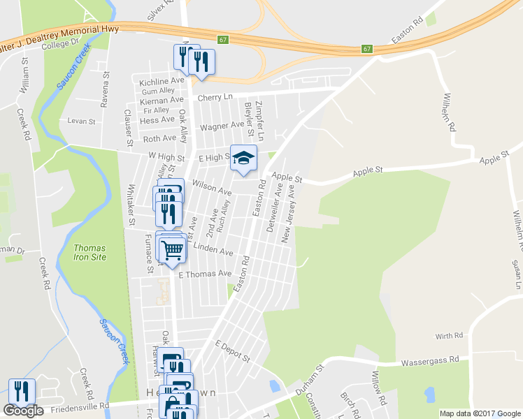 map of restaurants, bars, coffee shops, grocery stores, and more near 1329 Easton Road in Hellertown