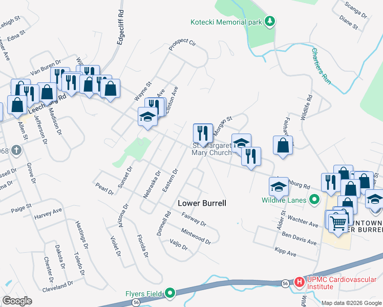 map of restaurants, bars, coffee shops, grocery stores, and more near 2940 Leechburg Road in Lower Burrell