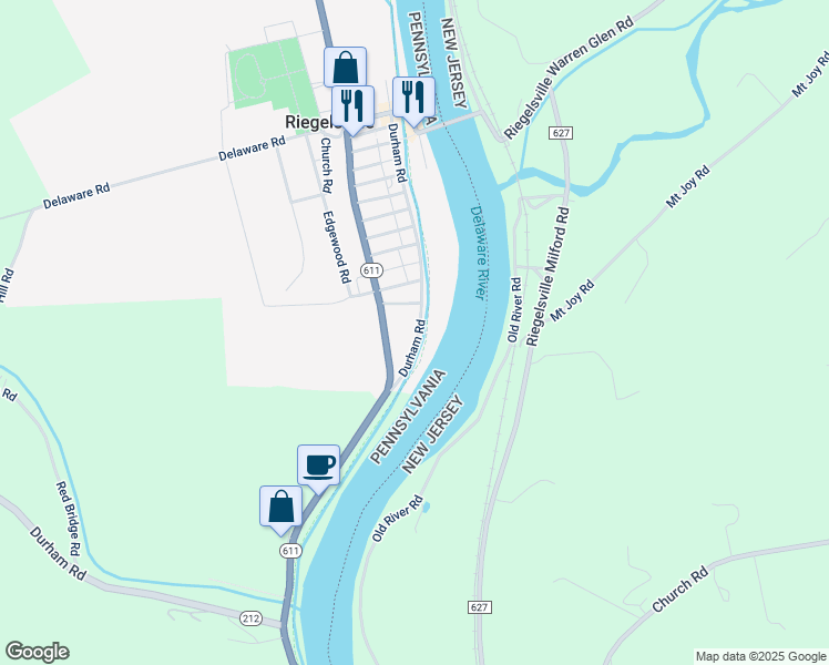 map of restaurants, bars, coffee shops, grocery stores, and more near 1243 Durham Road in Riegelsville