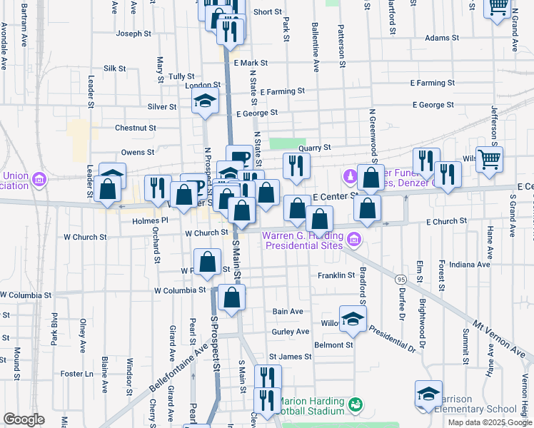 map of restaurants, bars, coffee shops, grocery stores, and more near 169 E Center St in Marion