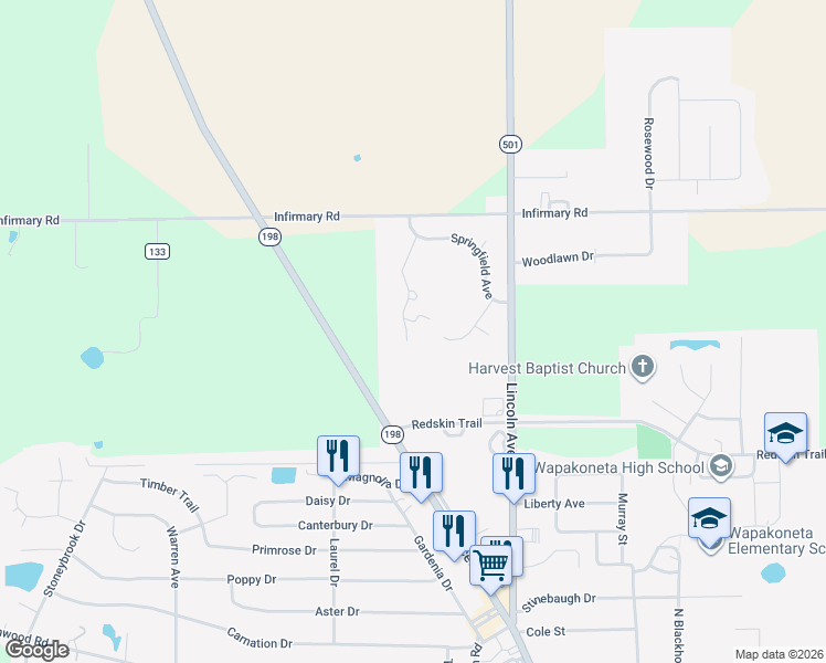 map of restaurants, bars, coffee shops, grocery stores, and more near 1418 Madison Place in Wapakoneta