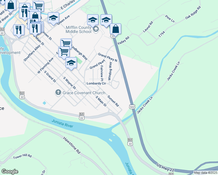 map of restaurants, bars, coffee shops, grocery stores, and more near 214 Lombardy Circle in Lewistown