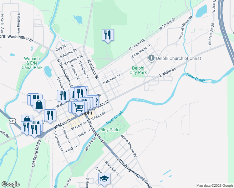 map of restaurants, bars, coffee shops, grocery stores, and more near 101-149 South High Street in Delphi