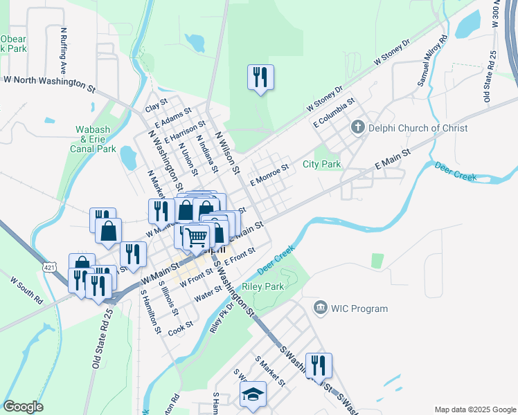 map of restaurants, bars, coffee shops, grocery stores, and more near 323 East Franklin Street in Delphi