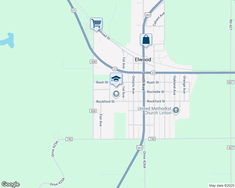 map of restaurants, bars, coffee shops, grocery stores, and more near 502 1st Avenue in Elwood
